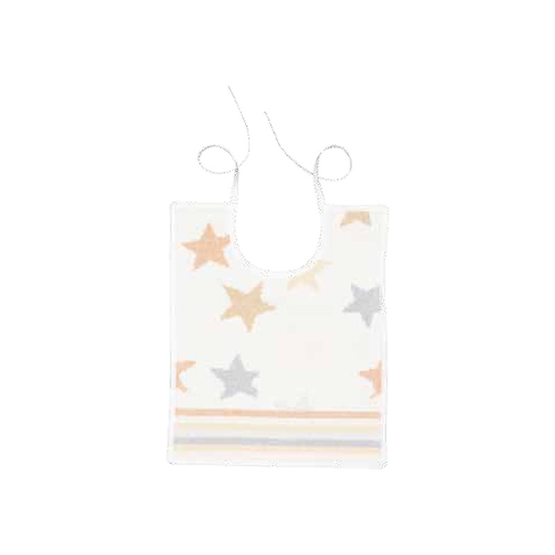 Салфетка с завязками (нагрудник) Feiler Mini STARS & STRIPES 25x30: белое поле с бежевыми и серыми звёздами, полосы по низу, вырез под шею и две завязки