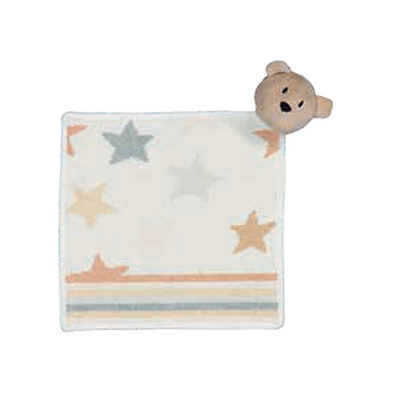 Салфетка с игрушкой Feiler Mini STARS & STRIPES 25x25: квадрат с бежевыми и серыми звёздами, в верхний угол вшита голова плюшевого медвежонка