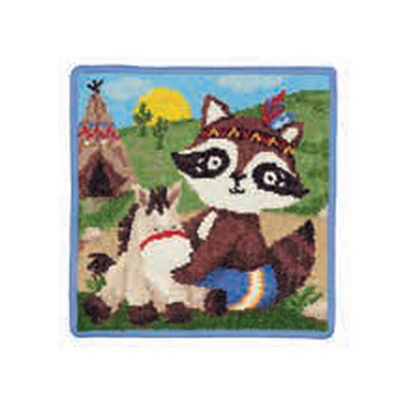 Салфетка Feiler Mini INDIAN BEAR 25x25: квадрат с раккуном в головном уборе из перьев, вигвамом и зелёной лужайкой, голубая кайма