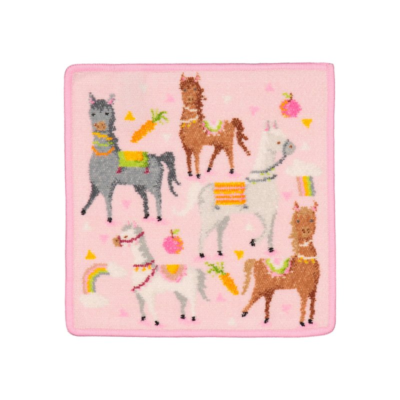 Салфетка Feiler Mini LOS CABALLOS 25x25 на белом фоне: розовый квадрат с лошадками, морковками и радугами, кайма в тон