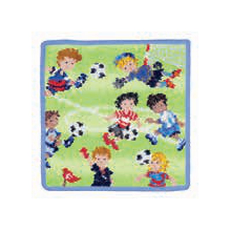 Салфетка Feiler Mini SOCCER 25x25: зелёный квадрат — футбольное поле с игроками и мячами, синяя кайма