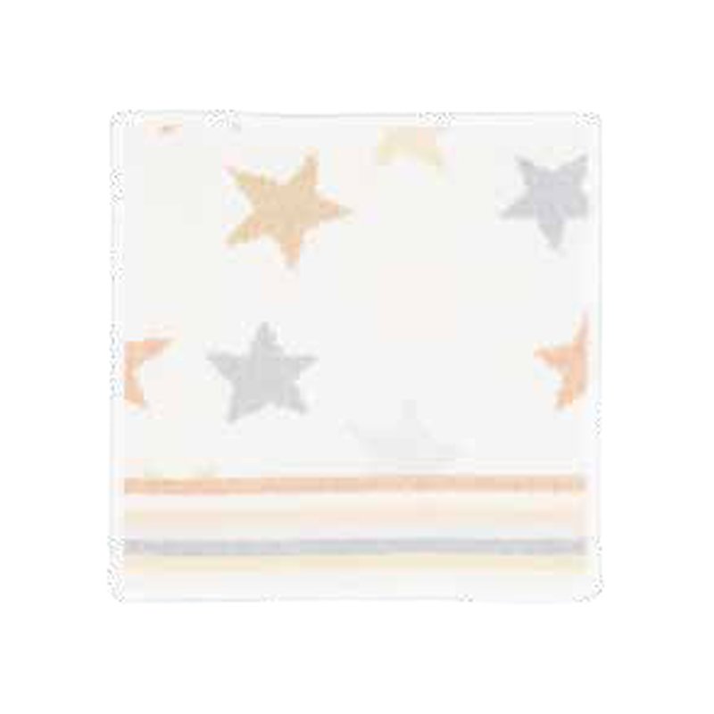 Салфетка Feiler Mini STARS & STRIPES 25x25: белый квадрат с бежевыми и серыми звёздами, по нижнему краю полосы бежевого, серого и голубого