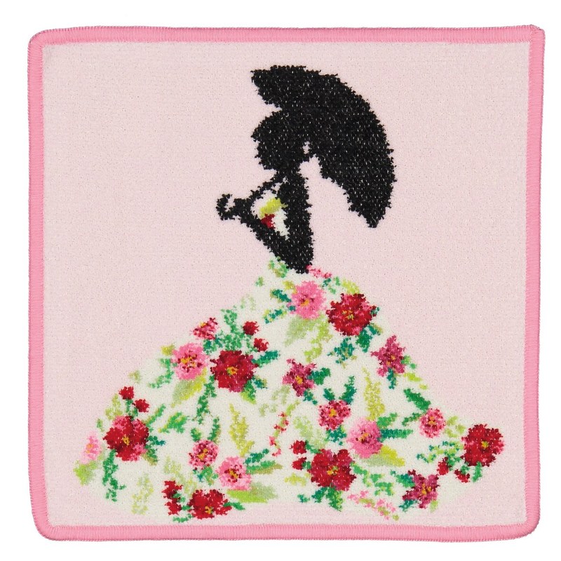 Салфетка Feiler MISS FLOWER raspberry 25x25 на светлом фоне: силуэт дамы под зонтиком в платье из красных и розовых цветов на розовом поле, малиновая кайма