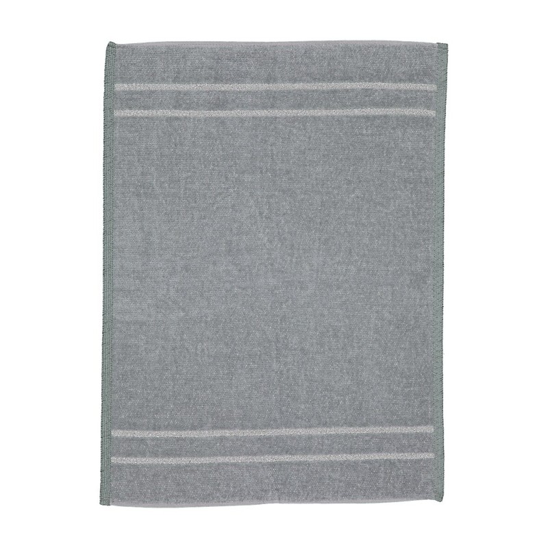 Полотенце Feiler LA GLAMOUR STAHLGRAU-SILVER 37x50 на светлом фоне: серое поле с двумя серебряными полосами у краёв