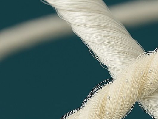 Скрученная нить TENCEL™ крупным планом на тёмно-зелёном фоне, на волокне видны светлые частицы